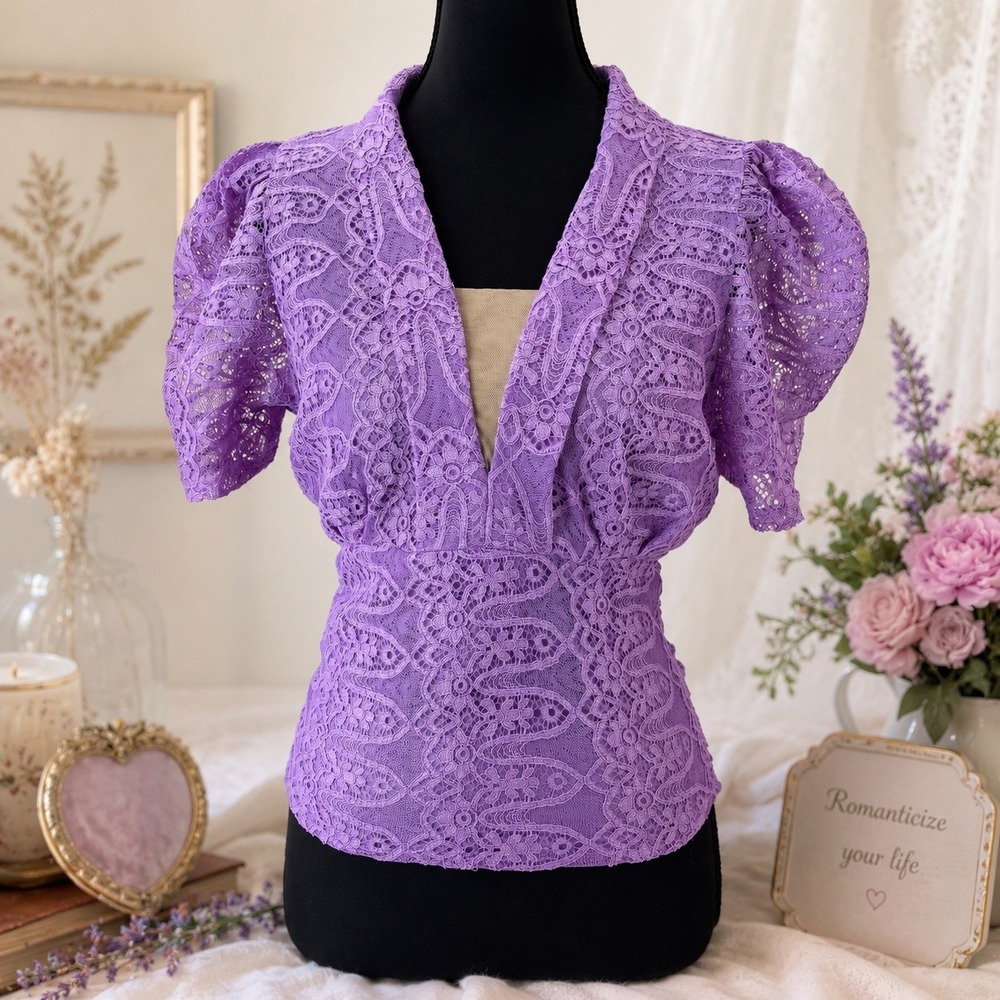 Womens Lavender Sheer‎ Lace Puff Sleeve Top women's small Fairycore Romantic Y2K